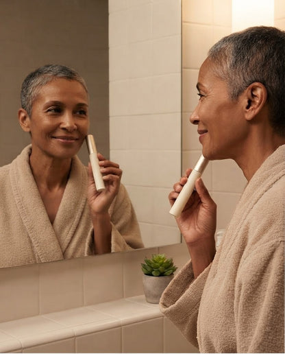 Woman with gray hair at her mirror with NUVAE serum