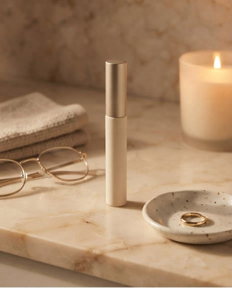 NUVAE serum on a bathroom vanity
